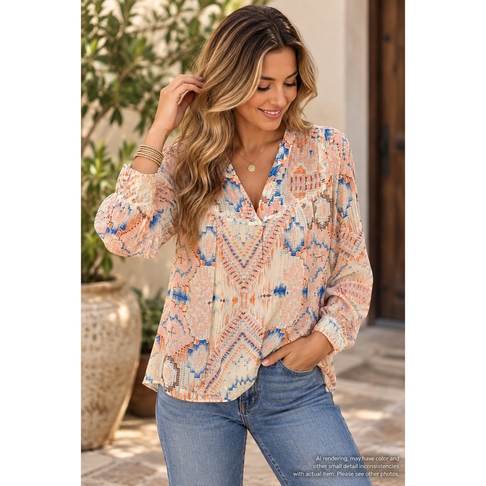 Dolan Geometric Ikat Print V-Neck Blouse Size Medium Peach Blue Boho Blouse